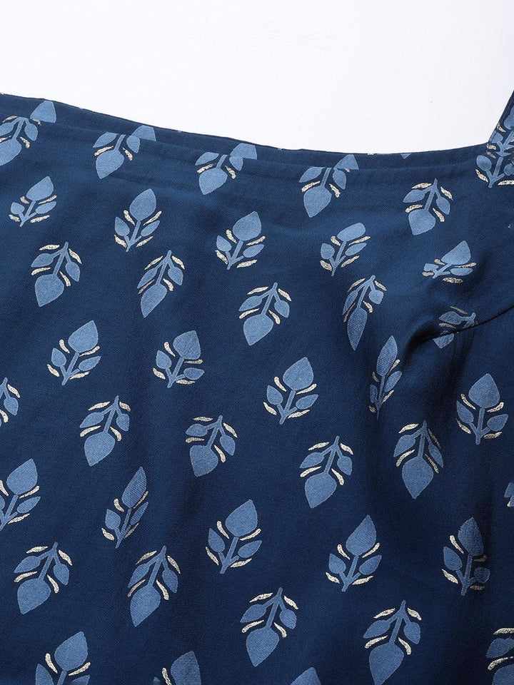 Blue Printed Silk Blend Straight Suit Set With Palazzos