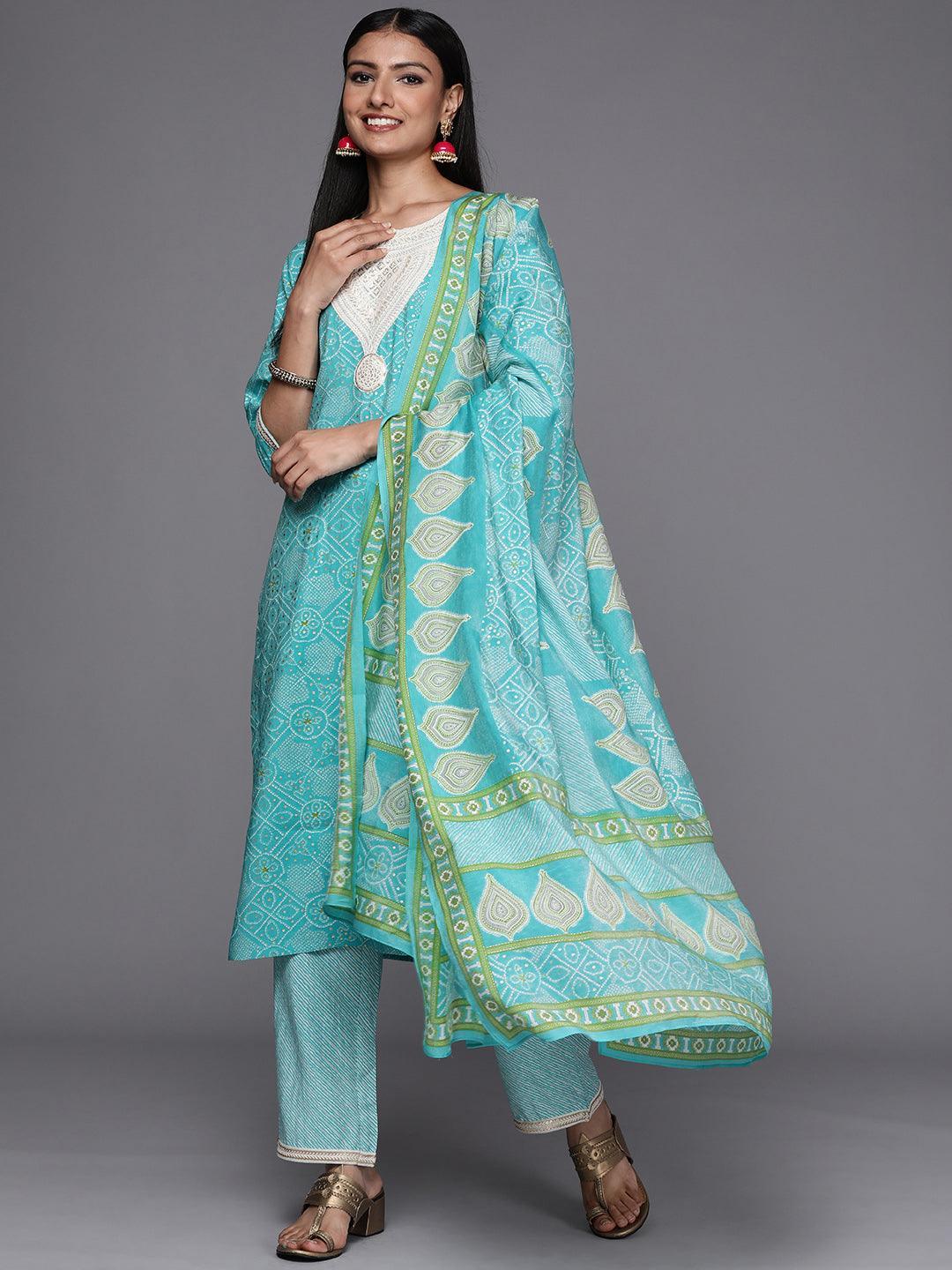 Blue Printed Silk Blend Straight Suit Set - ShopLibas