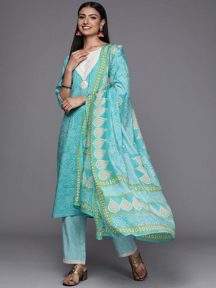 Blue Printed Silk Blend Straight Suit Set