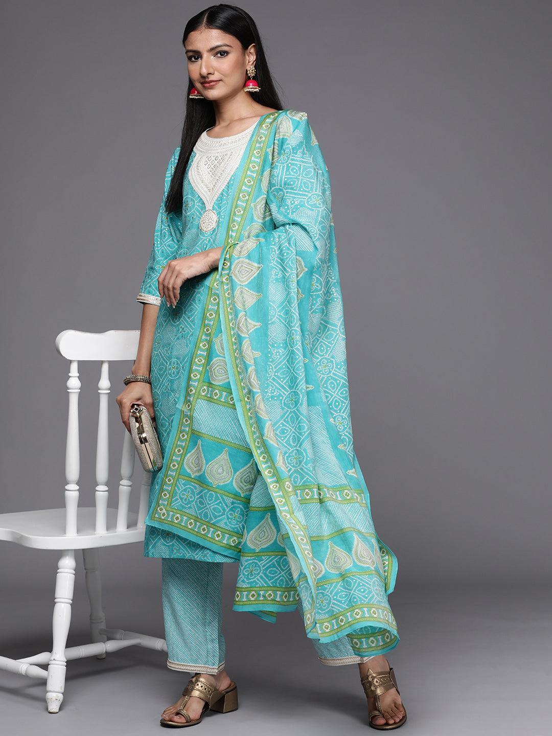 Blue Printed Silk Blend Straight Suit Set - ShopLibas