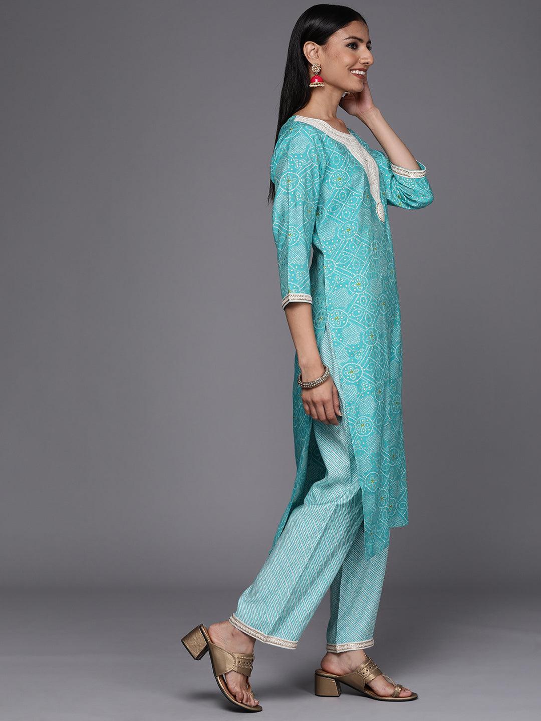 Blue Printed Silk Blend Straight Suit Set - ShopLibas