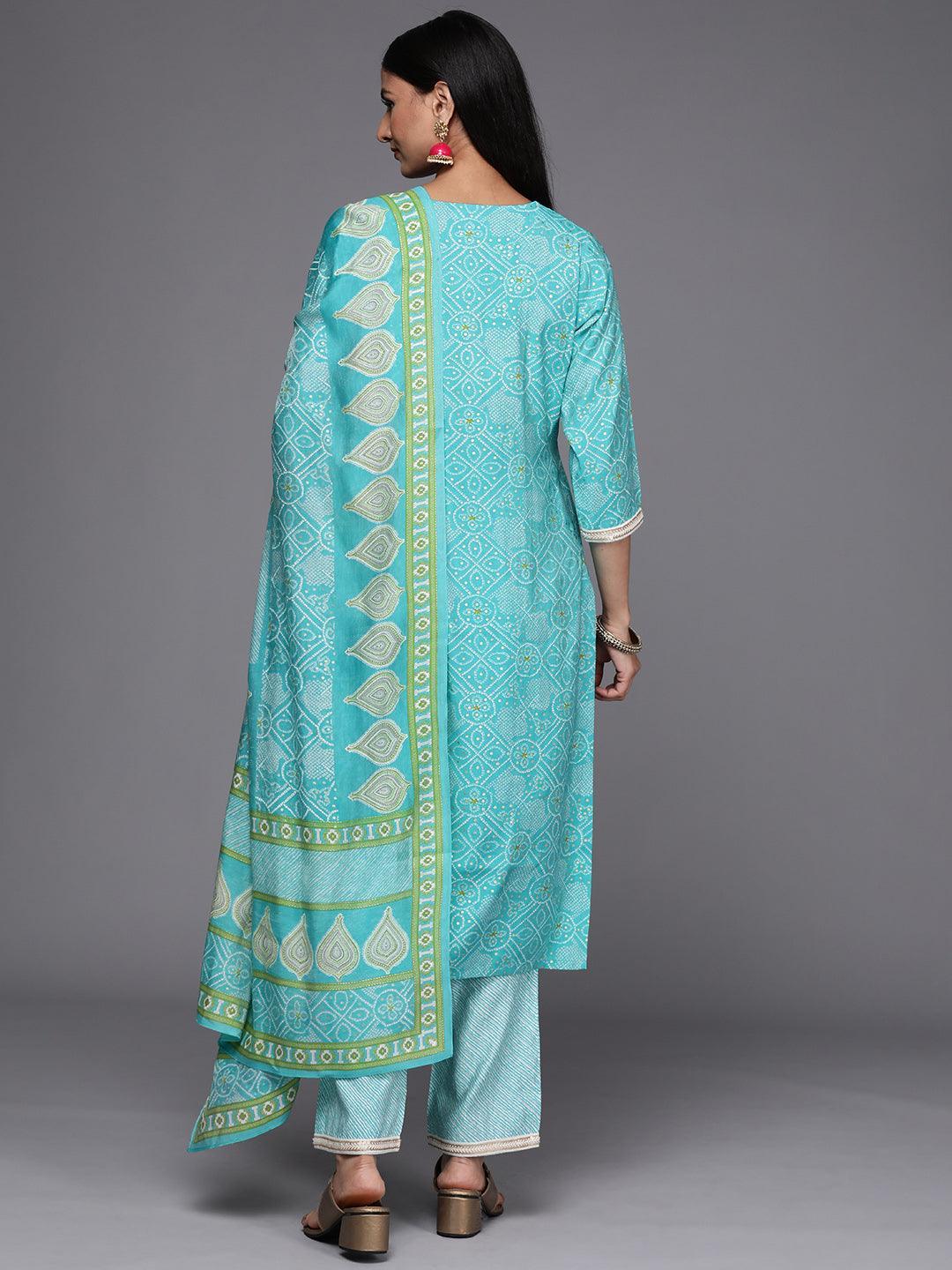 Blue Printed Silk Blend Straight Suit Set - ShopLibas
