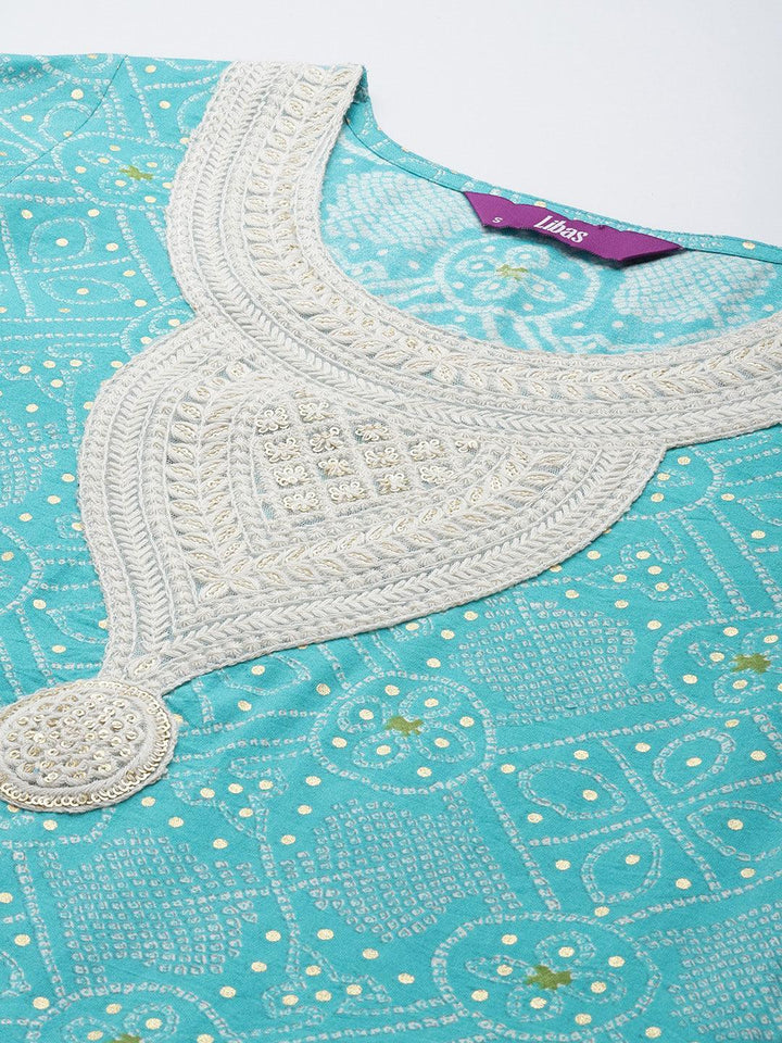 Blue Printed Silk Blend Straight Suit Set