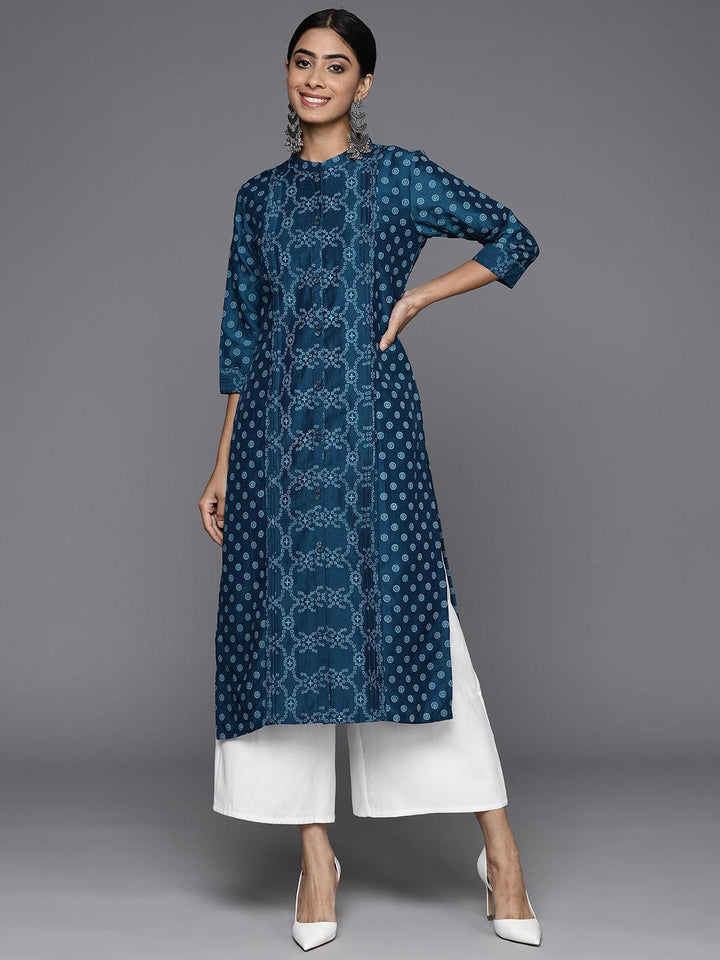 Blue Printed Silk Straight Kurta
