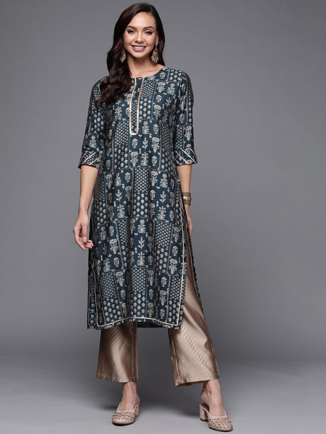 Blue Printed Silk Straight Kurta - ShopLibas
