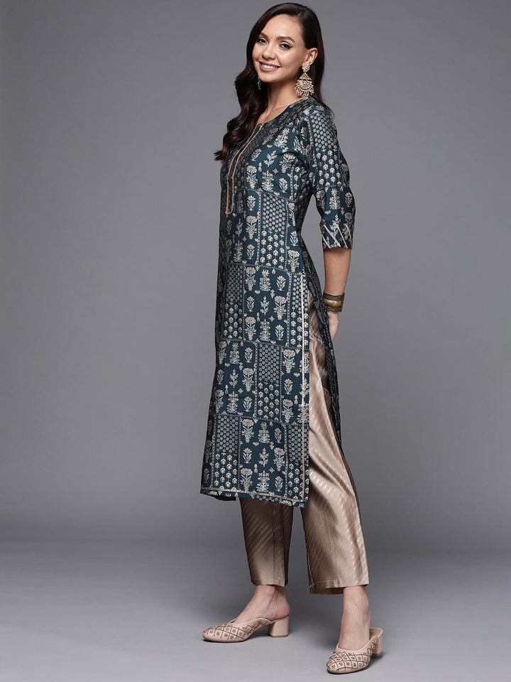 Blue Printed Silk Straight Kurta