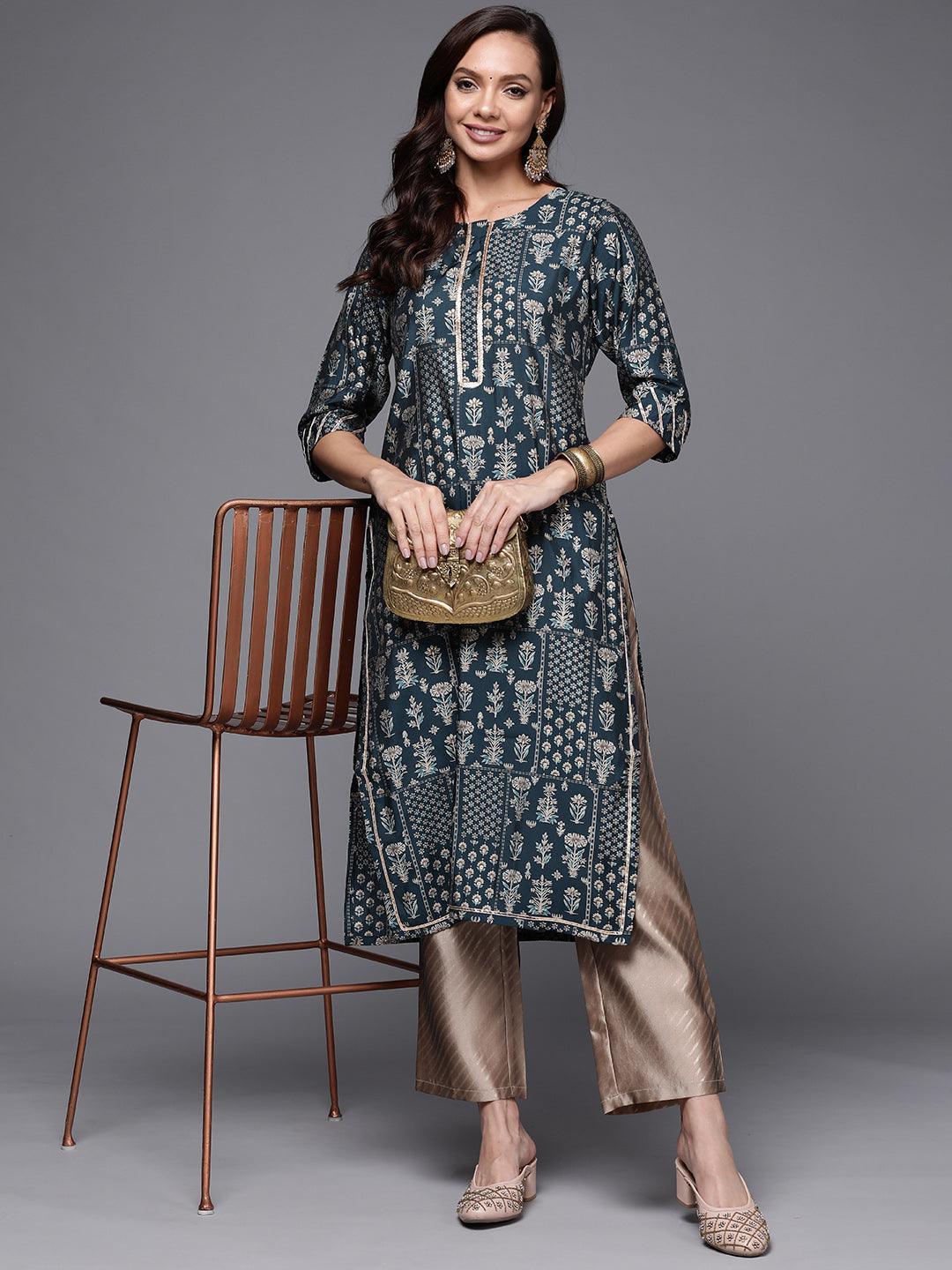Blue Printed Silk Straight Kurta - ShopLibas
