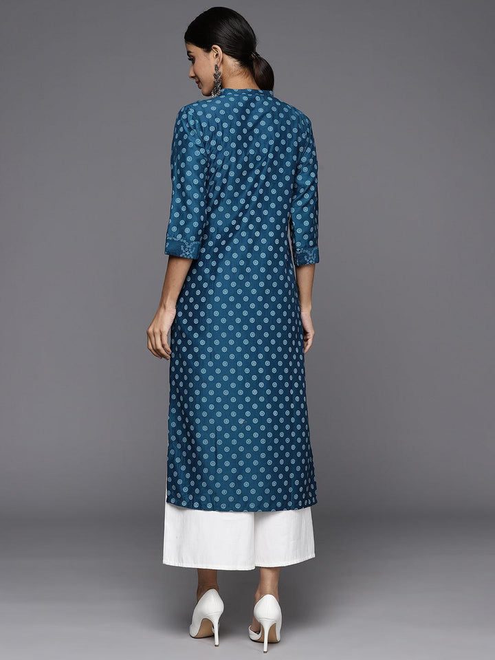 Blue Printed Silk Straight Kurta