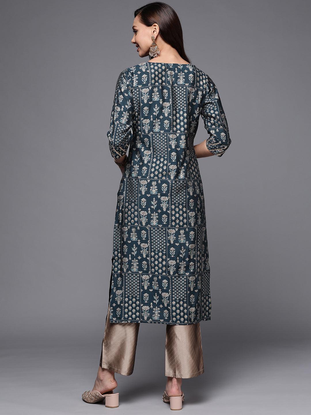 Blue Printed Silk Straight Kurta - ShopLibas