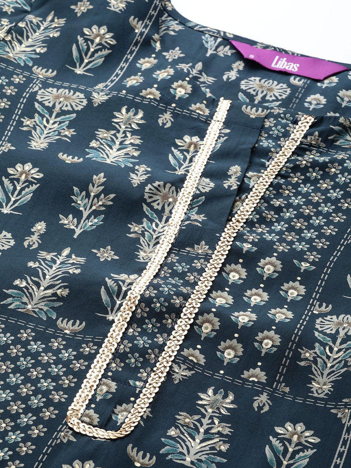 Blue Printed Silk Straight Kurta