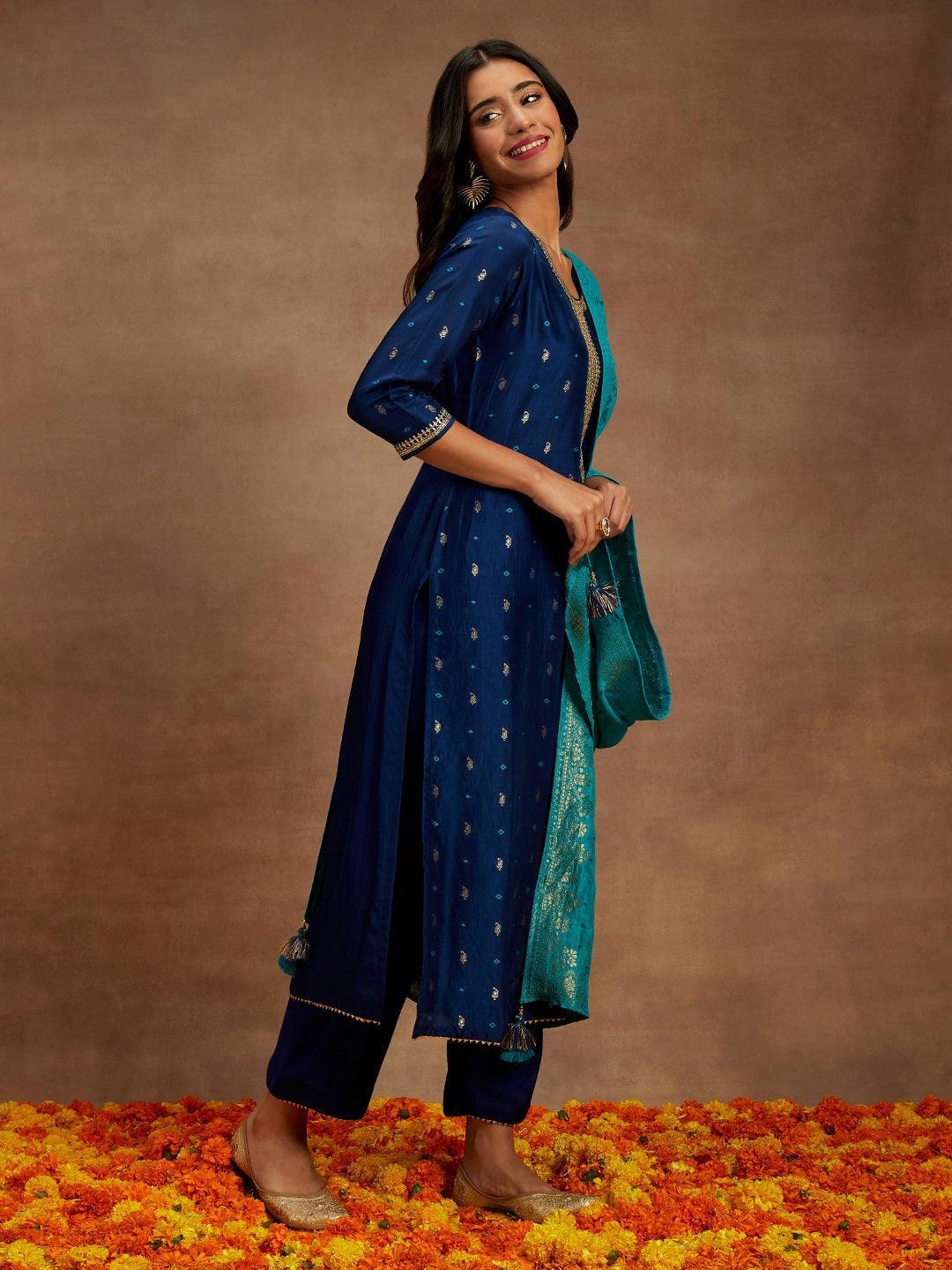 Blue Printed Silk Straight Kurta With Trousers & Dupatta - ShopLibas