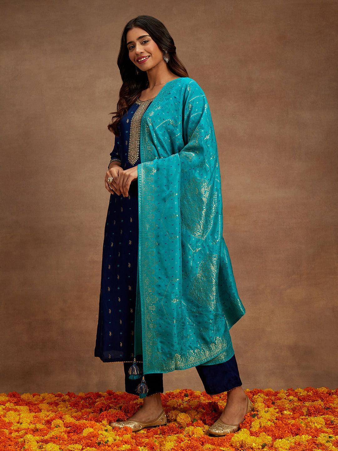 Blue Printed Silk Straight Kurta With Trousers & Dupatta - ShopLibas