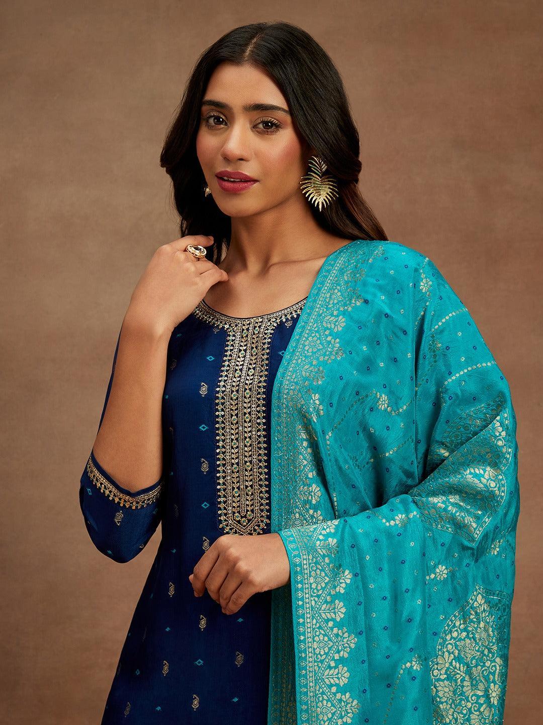 Blue Printed Silk Straight Kurta With Trousers & Dupatta - ShopLibas