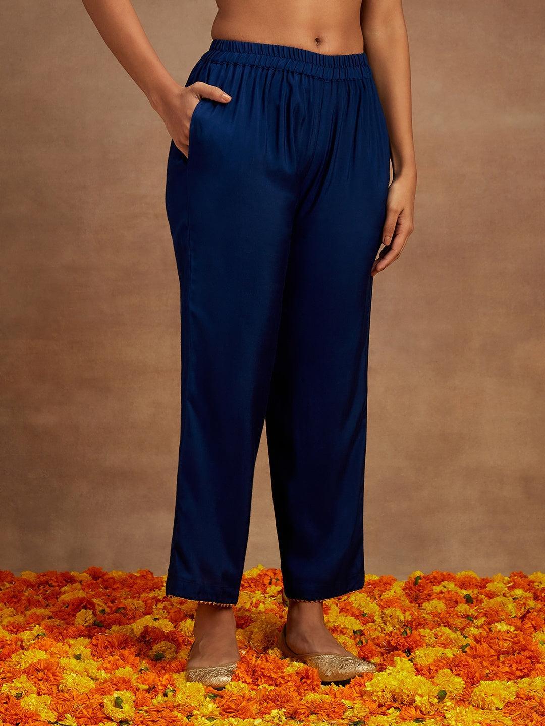 Blue Printed Silk Straight Kurta With Trousers & Dupatta - ShopLibas