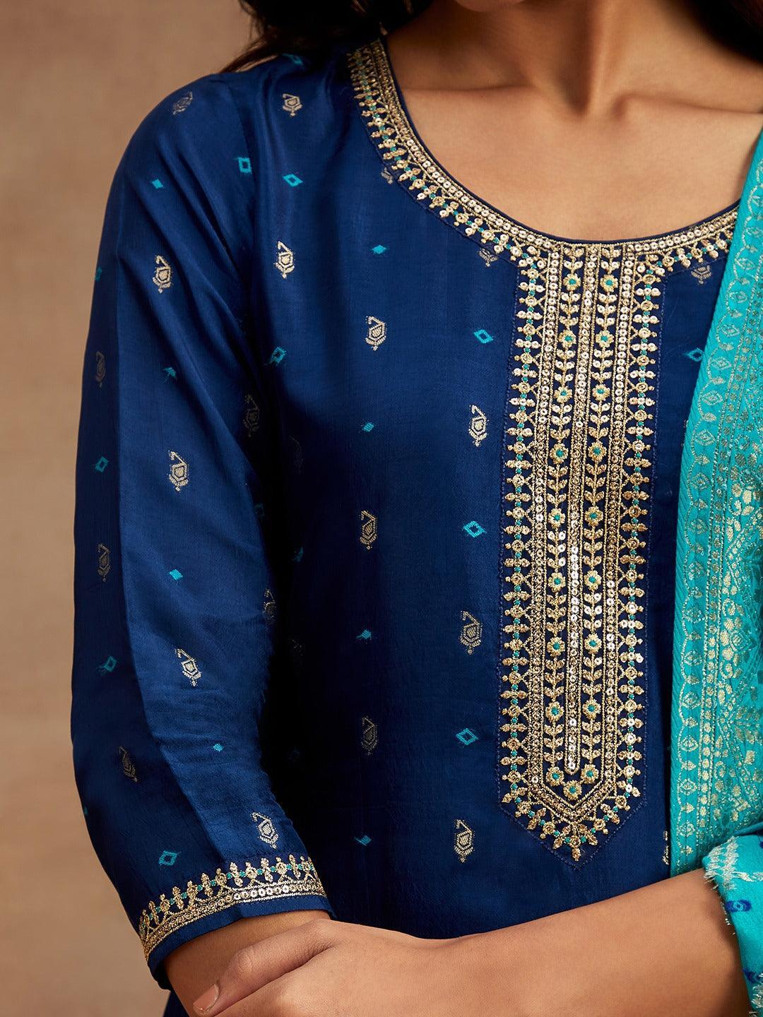 Blue Printed Silk Straight Kurta With Trousers & Dupatta - ShopLibas