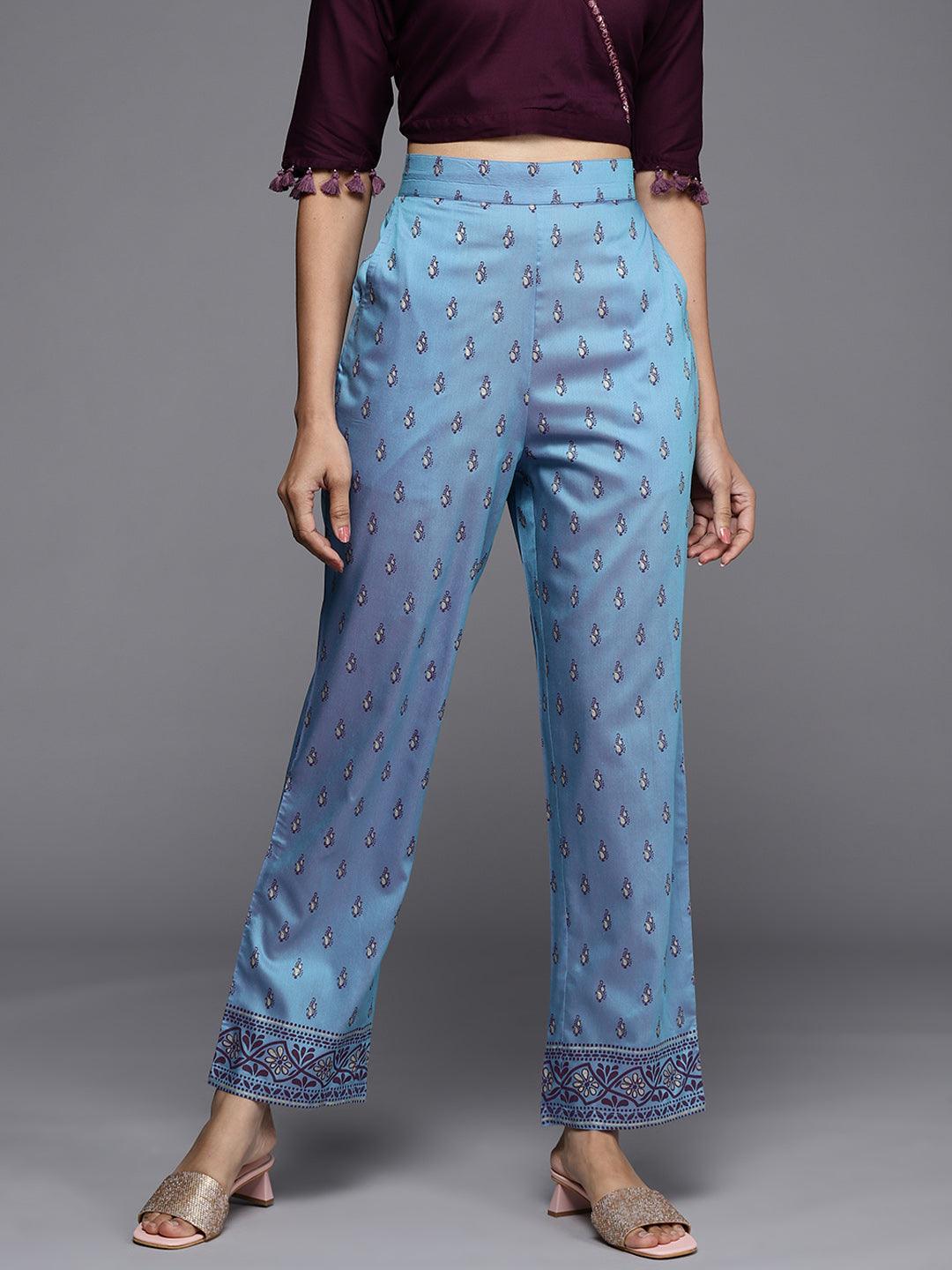 Blue Printed Silk Trousers - ShopLibas