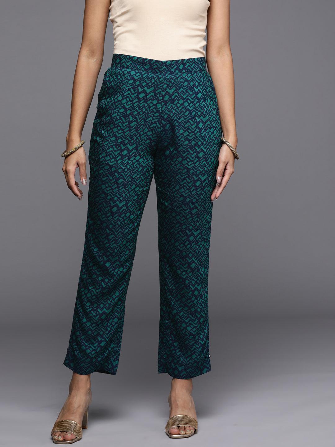Blue Printed Silk Trousers - ShopLibas