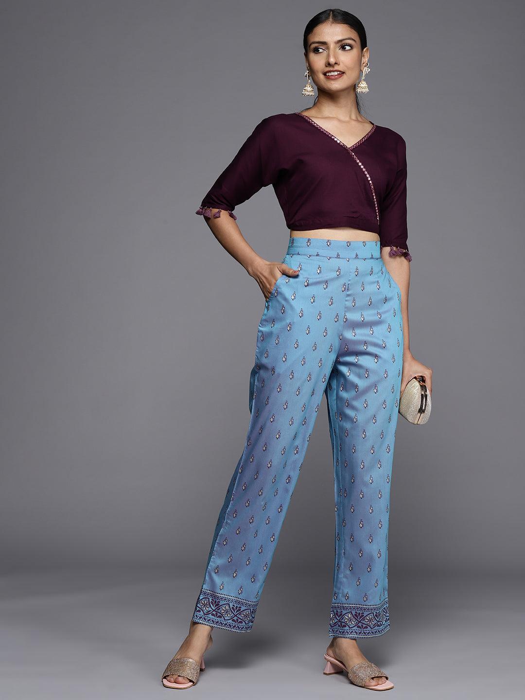 Blue Printed Silk Trousers - ShopLibas
