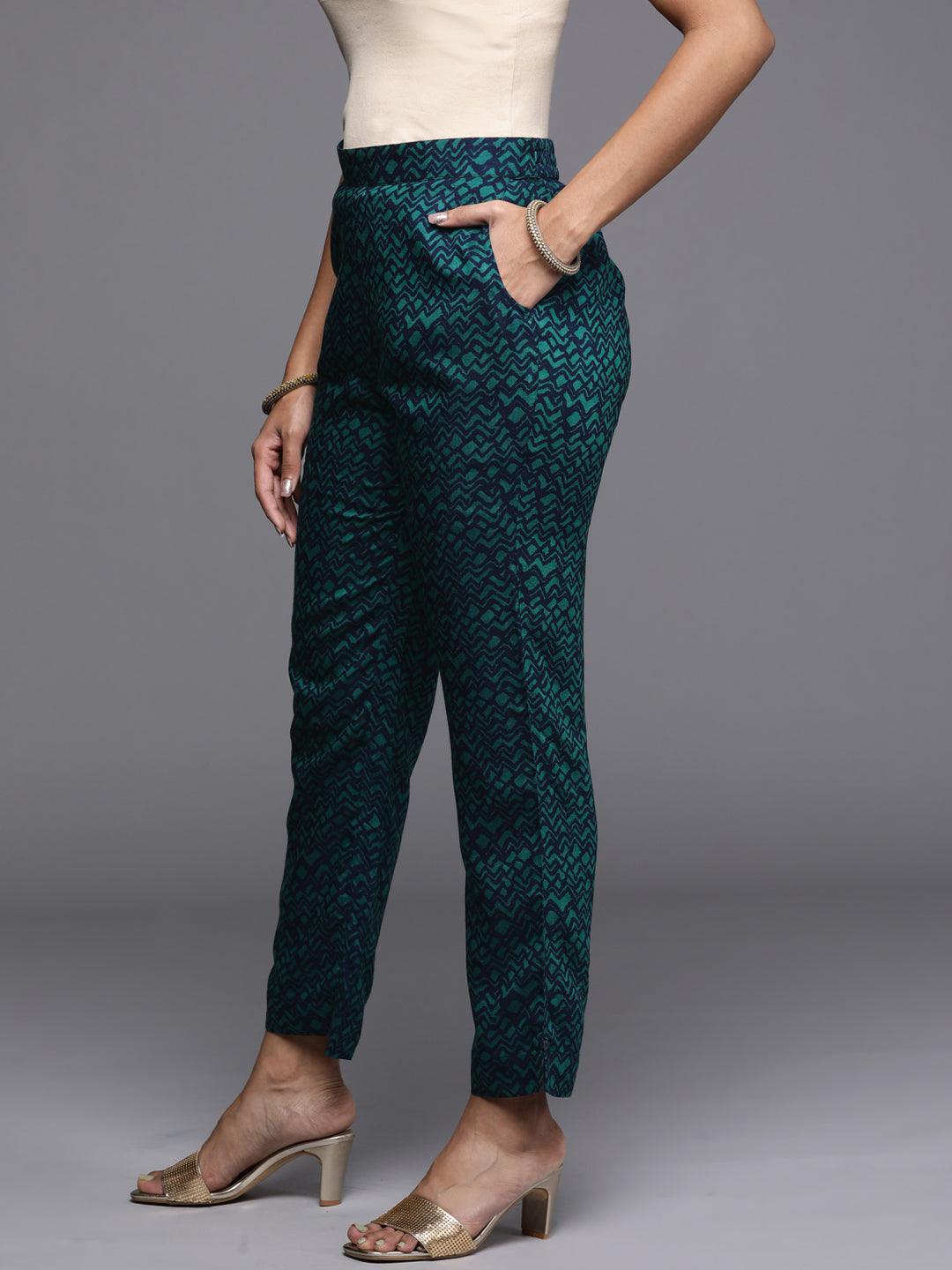 Blue Printed Silk Trousers - ShopLibas