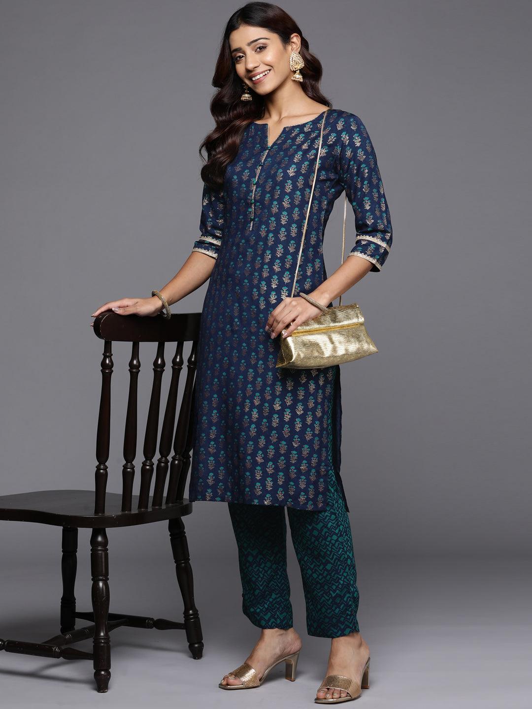 Blue Printed Silk Trousers - ShopLibas