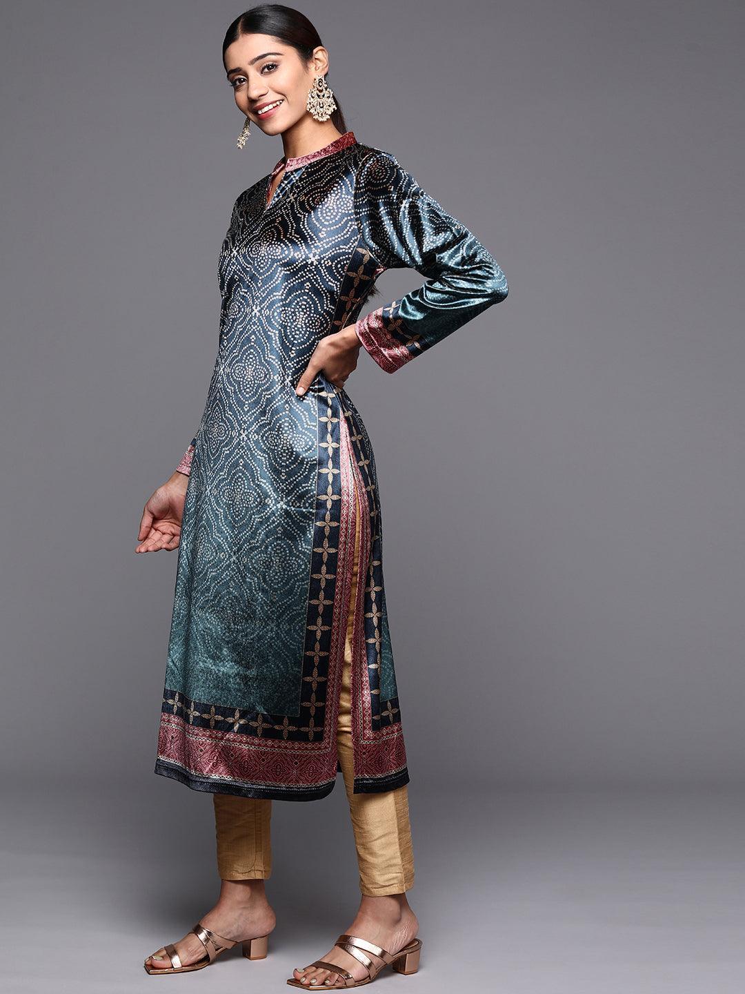 Blue Printed Velvet Straight Kurta - ShopLibas