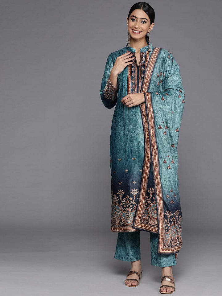 Blue Printed Velvet Straight Kurta With Dupatta