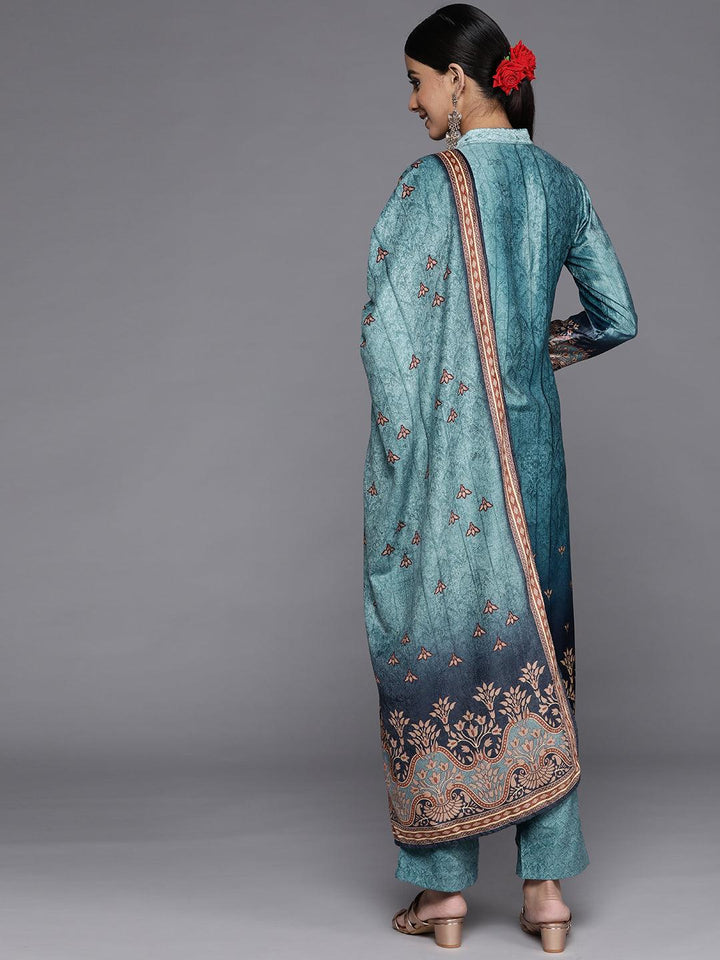Blue Printed Velvet Straight Kurta With Dupatta