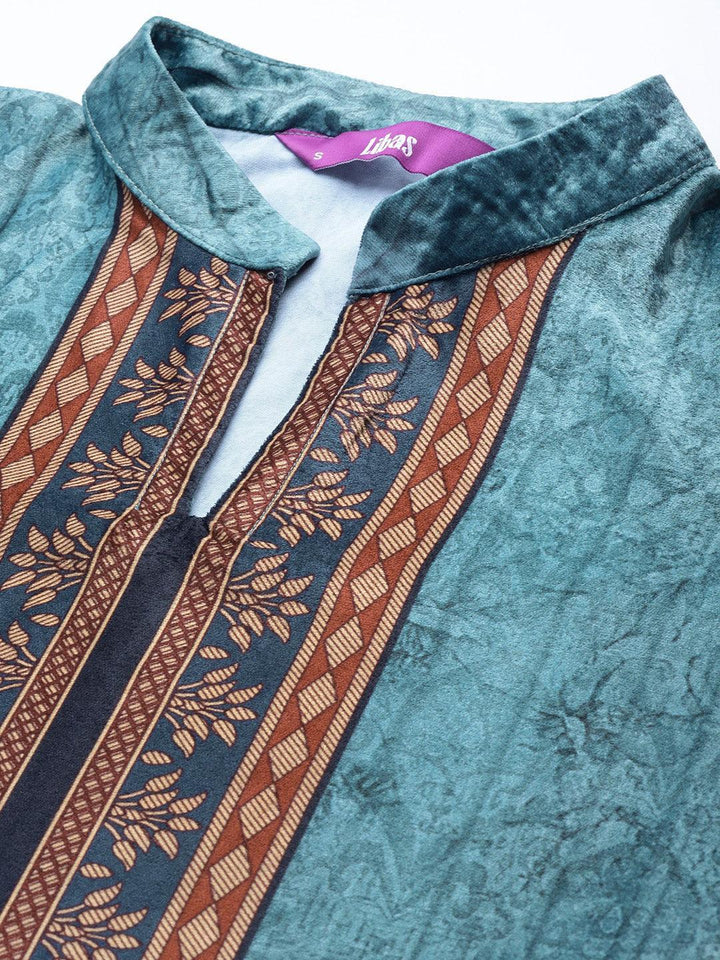 Blue Printed Velvet Straight Kurta With Dupatta