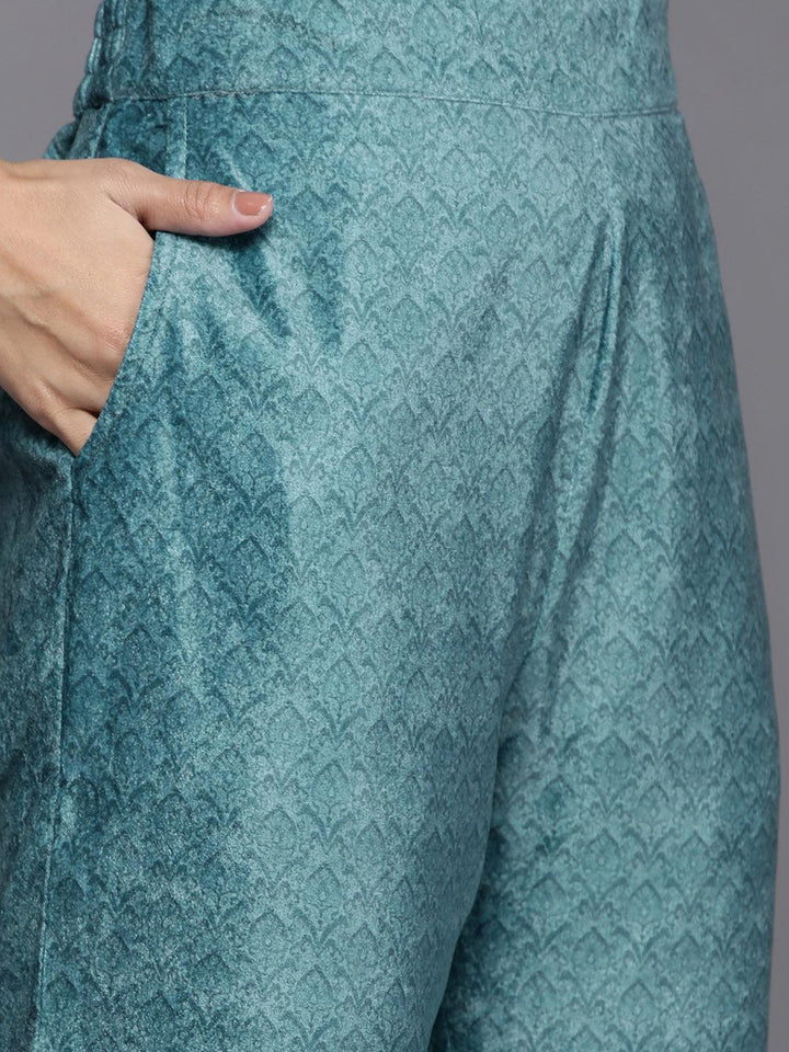 Blue Printed Velvet Straight Kurta With Dupatta