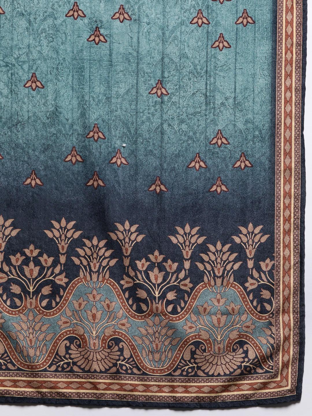 Blue Printed Velvet Straight Suit Set With Trousers - Libas