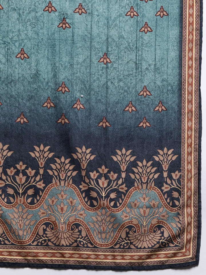 Blue Printed Velvet Straight Kurta With Dupatta