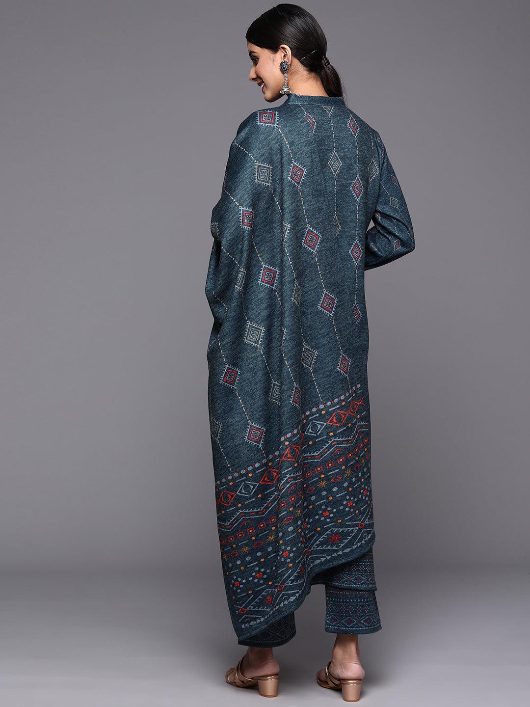 Blue Printed Wool Straight Suit Set - ShopLibas