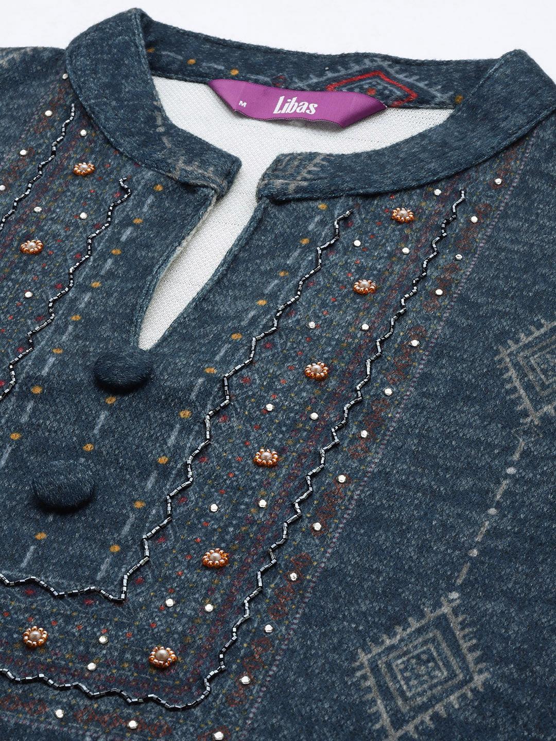 Blue Printed Wool Straight Suit Set - ShopLibas