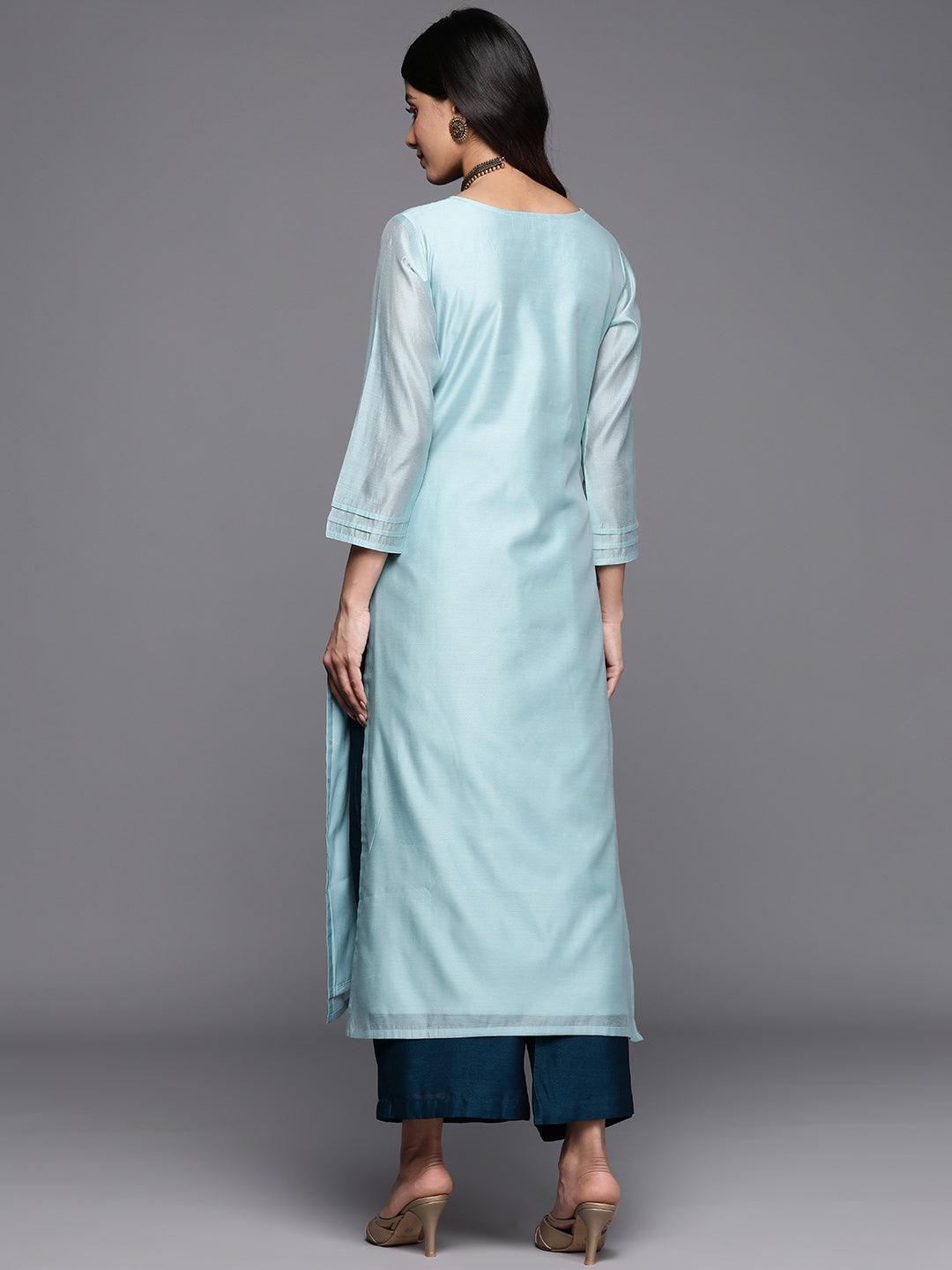 Blue Embellished Chanderi Silk Straight Kurta - ShopLibas