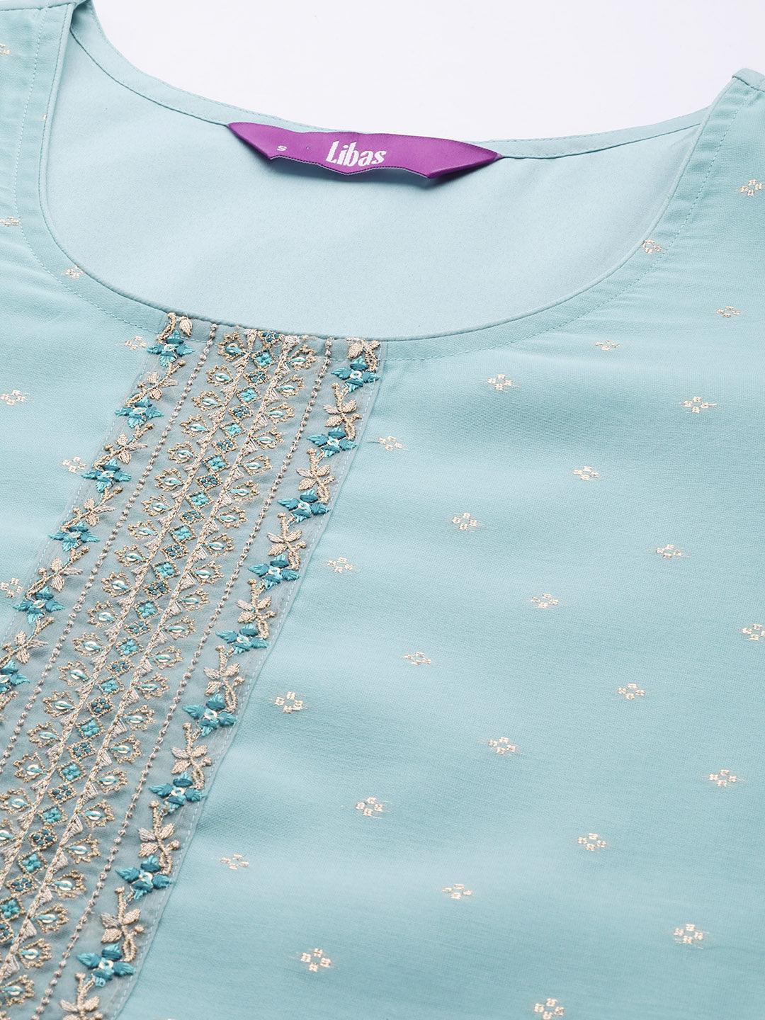 Blue Embellished Chanderi Silk Straight Kurta - ShopLibas