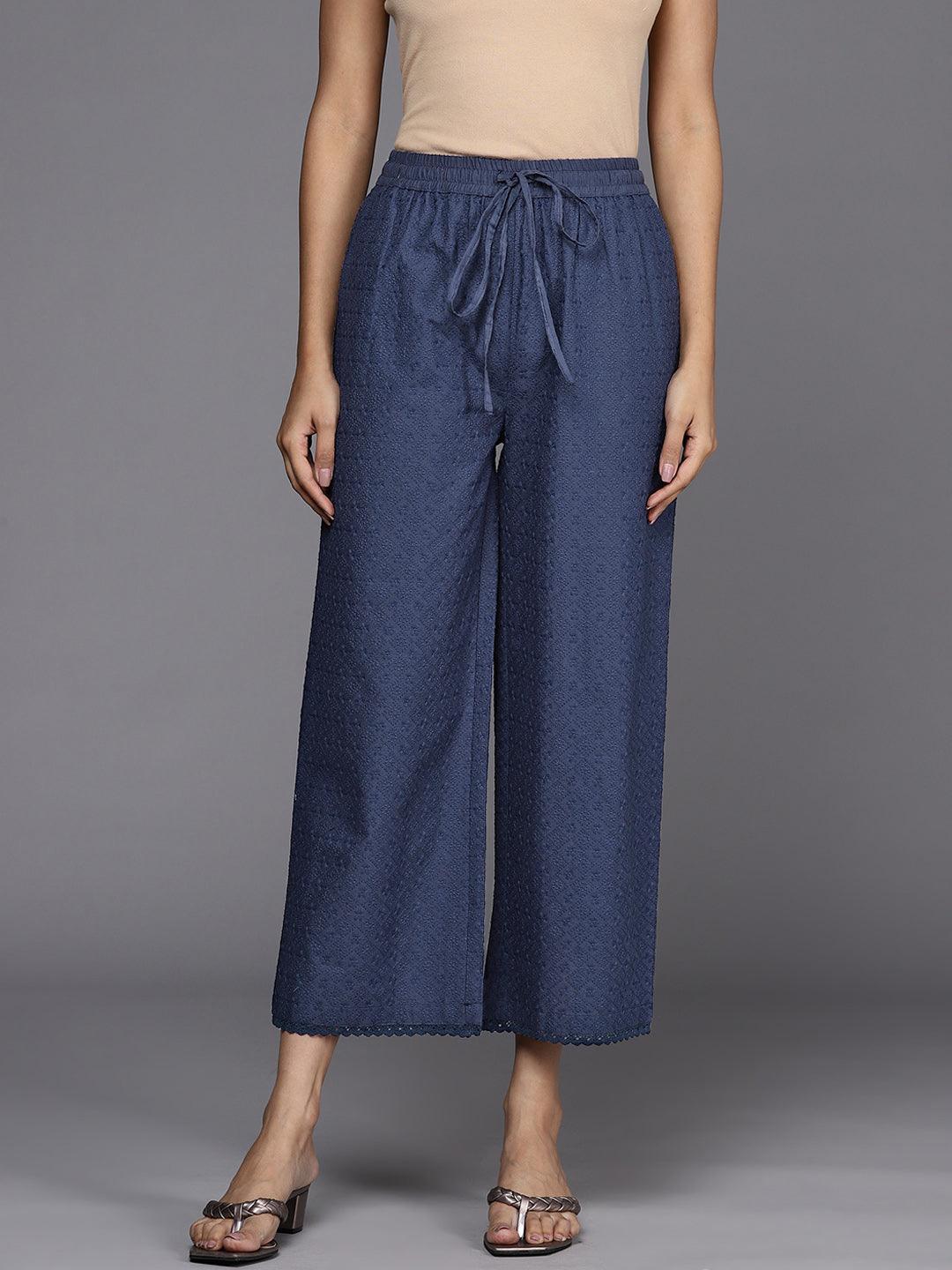 Blue Self Design Cotton Palazzos - ShopLibas