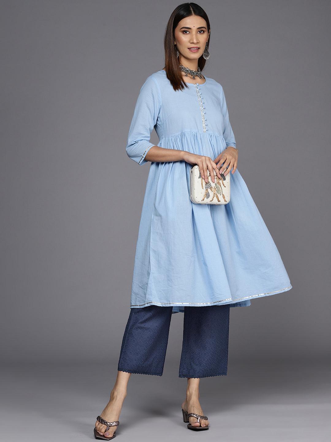 Blue Self Design Cotton Palazzos - ShopLibas