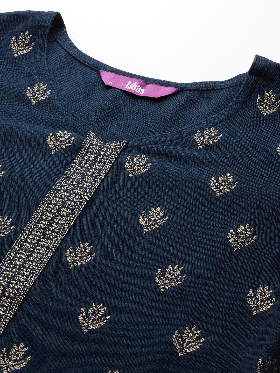 Blue Self Design Pashmina Wool Straight Suit Set - ShopLibas