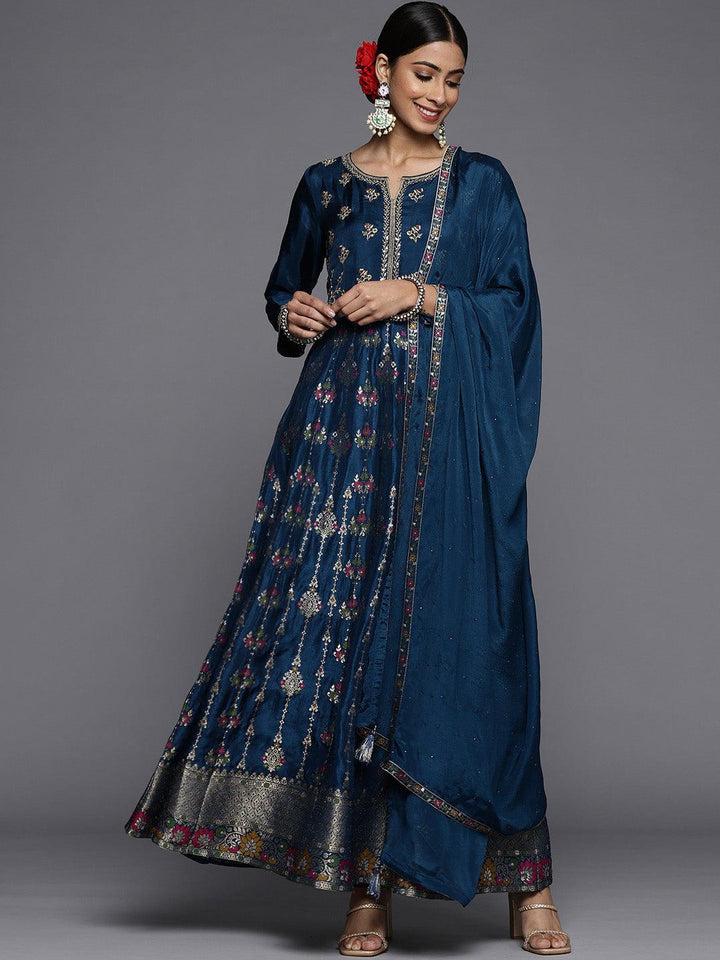 Blue Self Design Silk Anarkali Suit Set