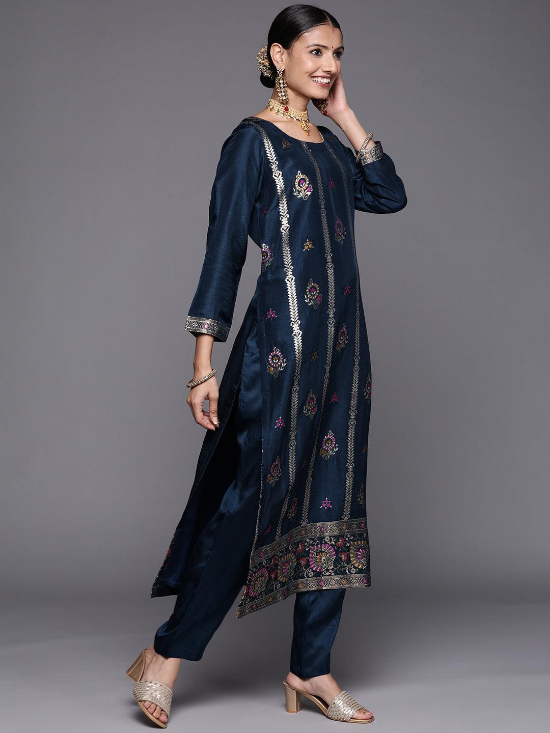 Blue Self Design Silk Blend Straight Suit Set - ShopLibas