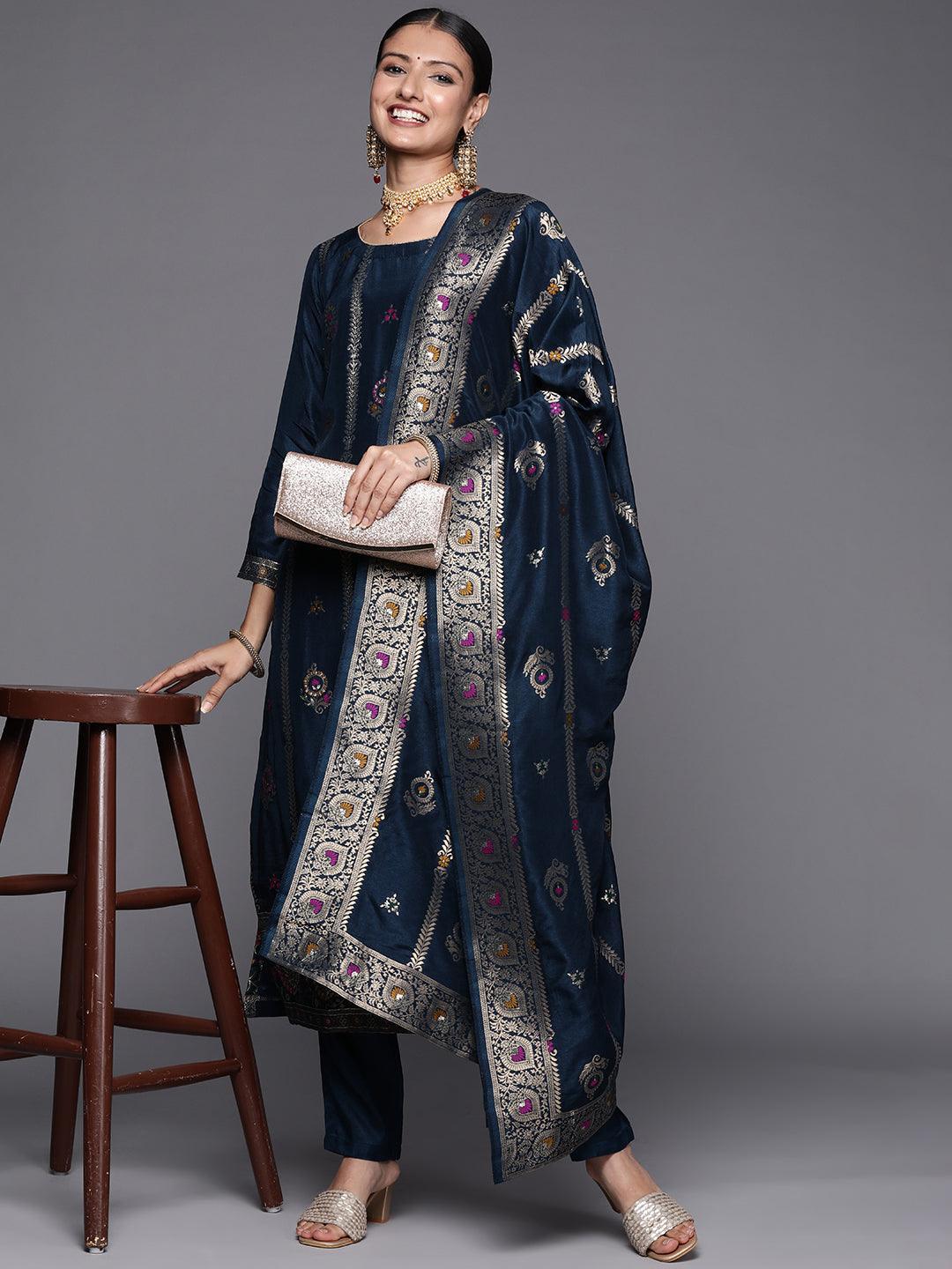 Blue Self Design Silk Blend Straight Suit Set - ShopLibas