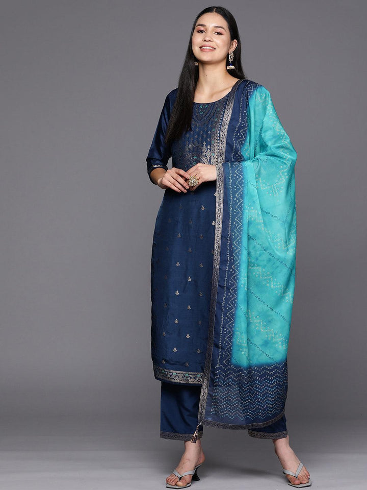 Blue Self Design Silk Blend Straight Suit Set With Trousers