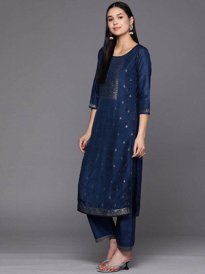 Blue Self Design Silk Blend Straight Suit Set With Trousers