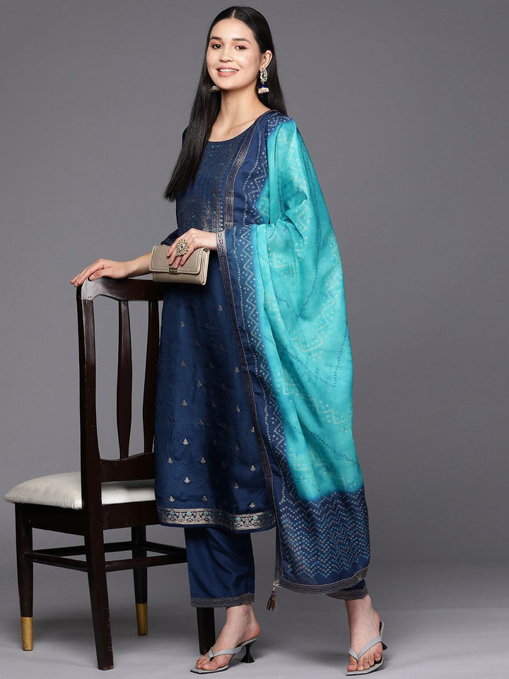 Blue Self Design Silk Blend Straight Suit Set With Trousers