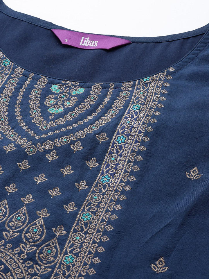 Blue Self Design Silk Blend Straight Suit Set With Trousers