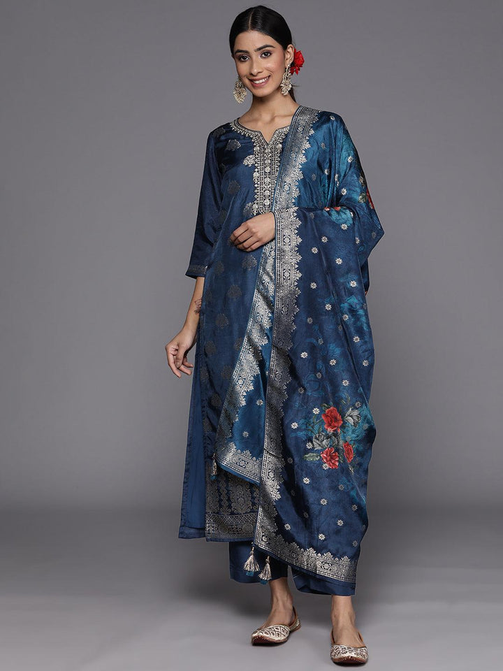 Blue Self Design Silk Suit Set With Trousers