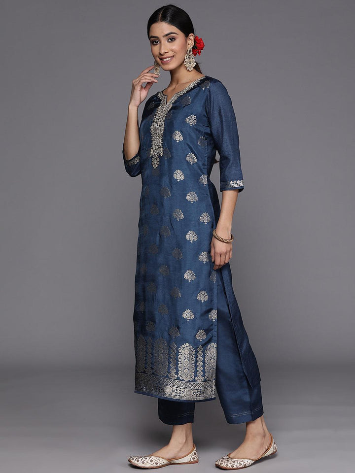 Blue Self Design Silk Suit Set With Trousers