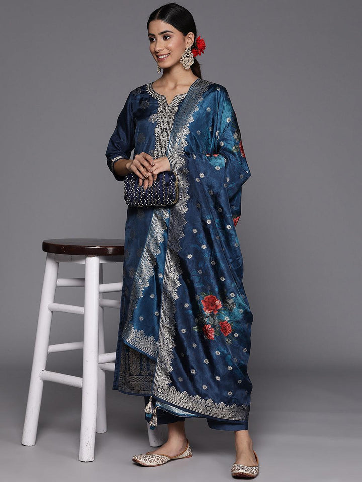 Blue Self Design Silk Suit Set With Trousers