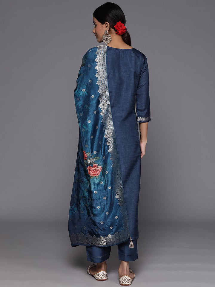 Blue Self Design Silk Suit Set With Trousers