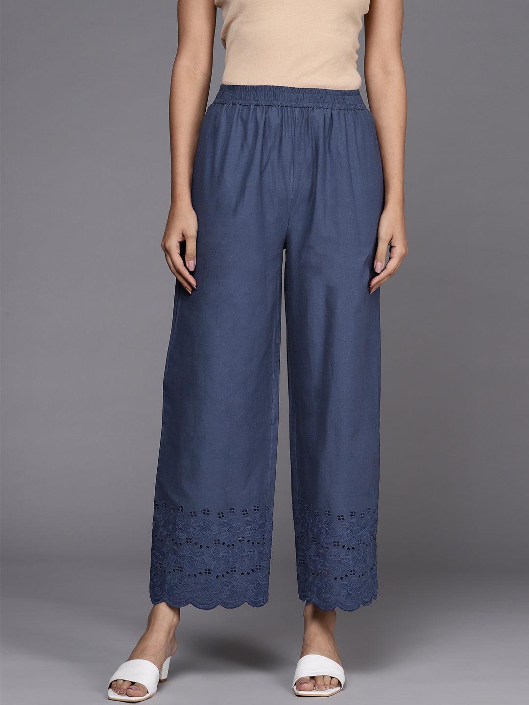 Blue Solid Cotton Palazzos - ShopLibas